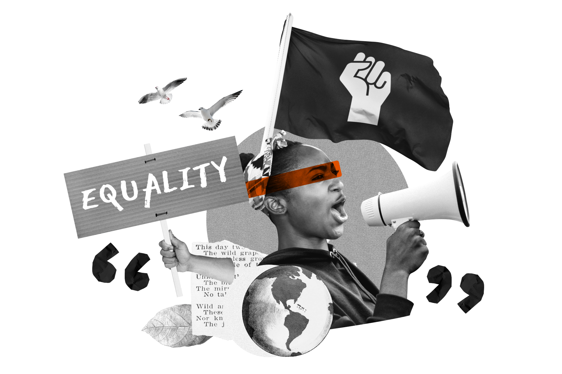 Illustrated collage of people building structures together around themes of equality, justice, and community